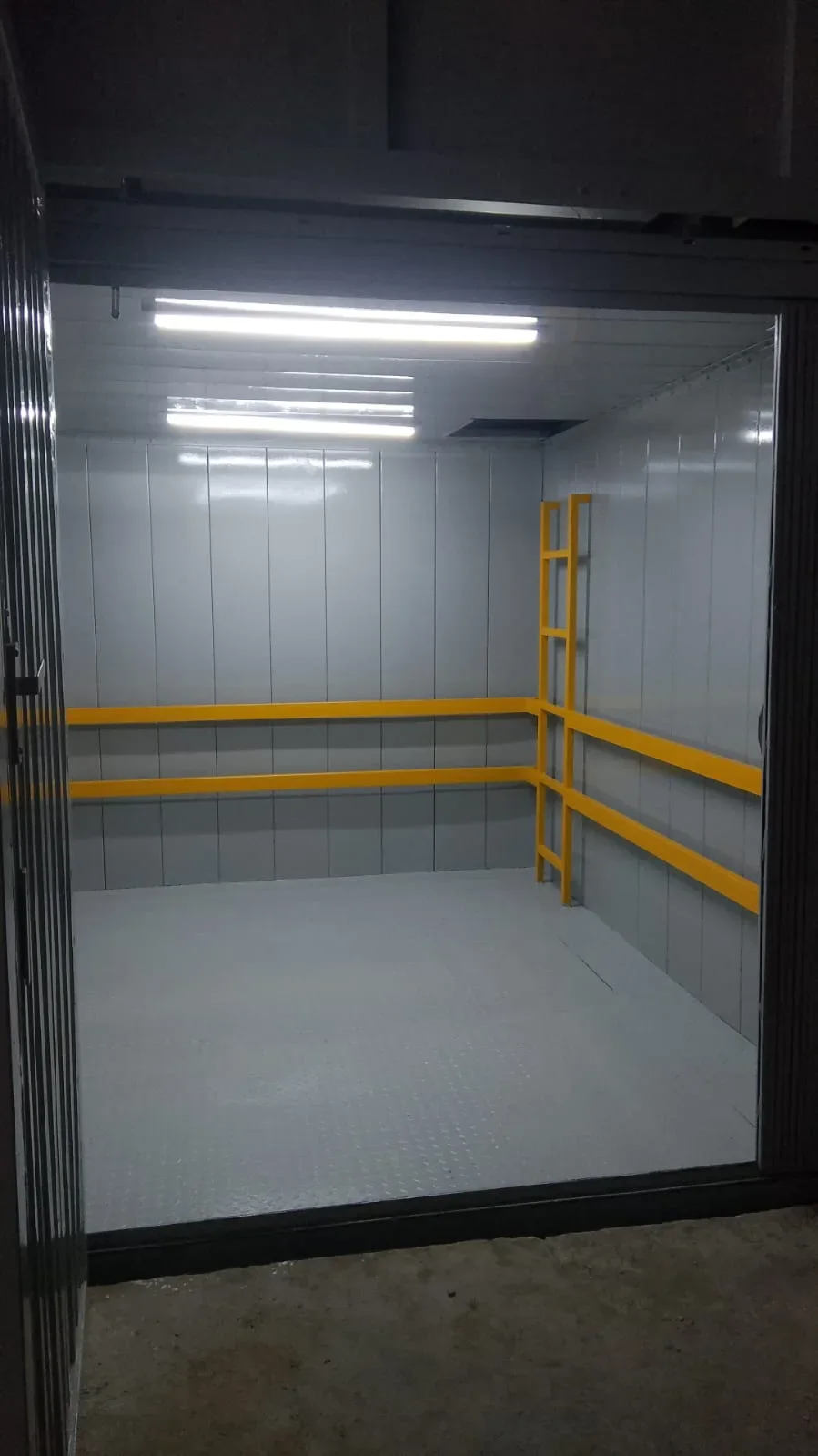 Completed cargo lift cabin with safety rails